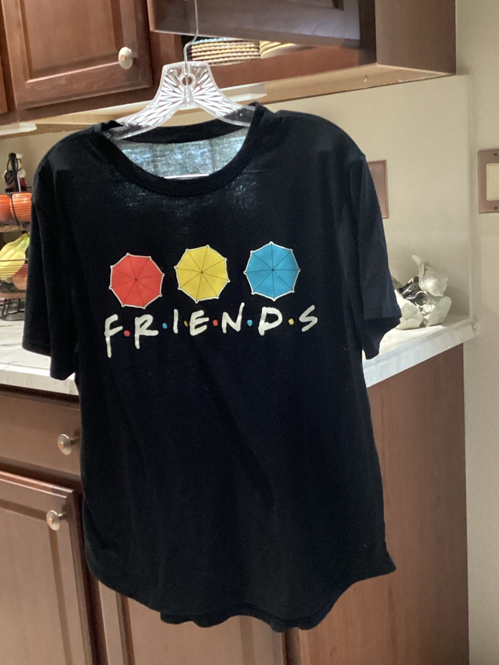 FRIENDS Black Tee with Red, Yellow & Blue Umbrella Graphics